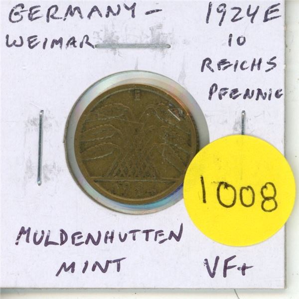Germany. Weimar Republic. 1924E 10 Reichspfennig. Muldenhutten Mint. VF+.