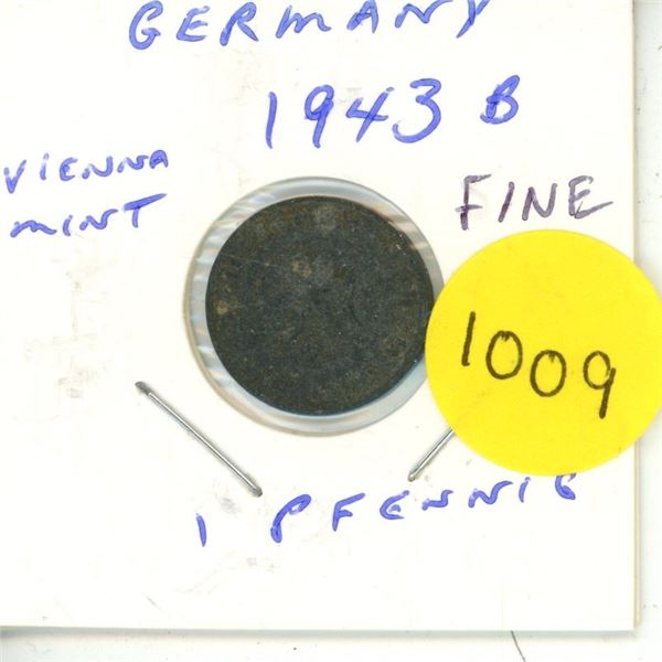 Germany. Nazi Third Reich. 1943B 1 Reichspfennig. Vienna Mint. Eagle with Swastika. Fine.