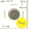 Image 1 : Great Britain. 1914 Silver 3 Pence. Issue during the first year of World War I. Fine.