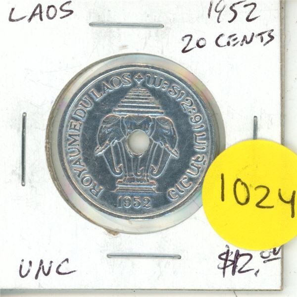 Laos. 1952 20 Cents. Elephants. Uncirculated.