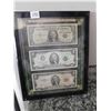 Image 1 : 3 HISTORIC U.S. BILLS IN FRAME, $1 SILVER CERTIFICATE