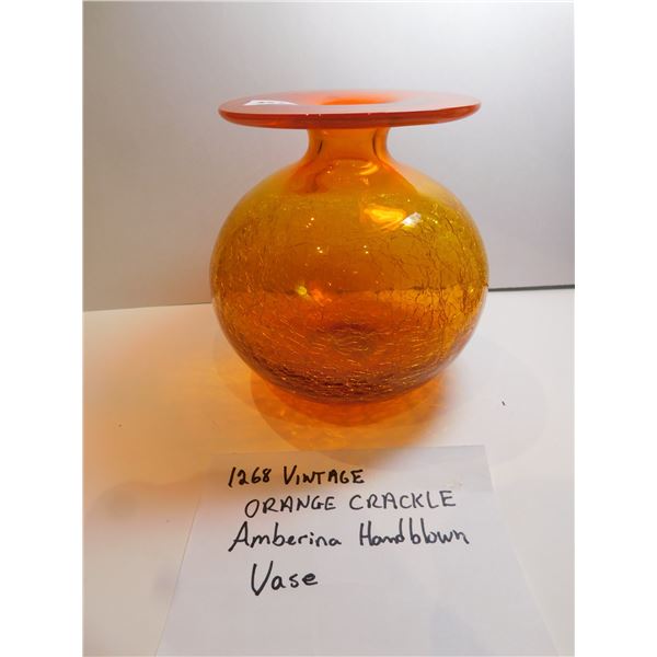 VINTAGE FLARED TOP ORANGE CRACKLE GLASS AMBERINA HANDBLOWN VASE
