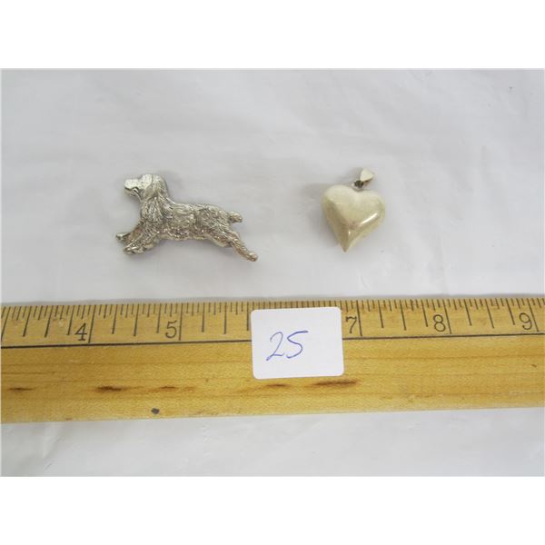 Lot of 2 Sterling Silver 925 items Dog Broach and Heart Pendant