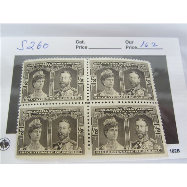 Block of 4 Quebec 1908 Ter century ½ Cent OG Mint Never Used