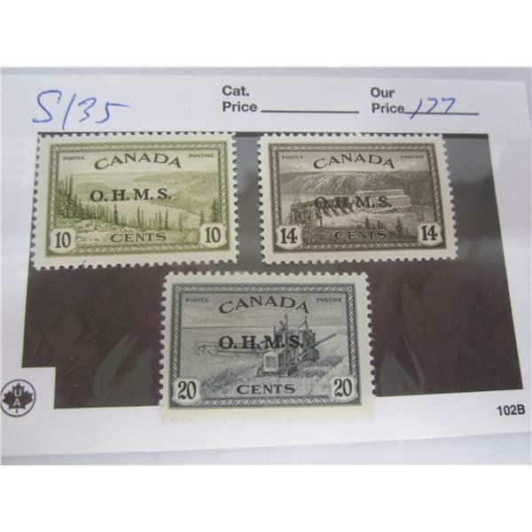 3 Wartime Stamps 10, 14 ,20 Cent Marked O.H.M.S LH, OG Never Used