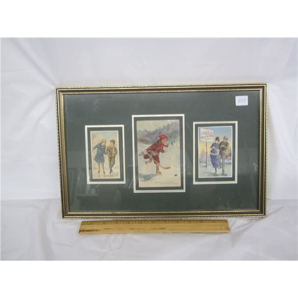 3 Antique Postcards in a Frame Hockey, Skating