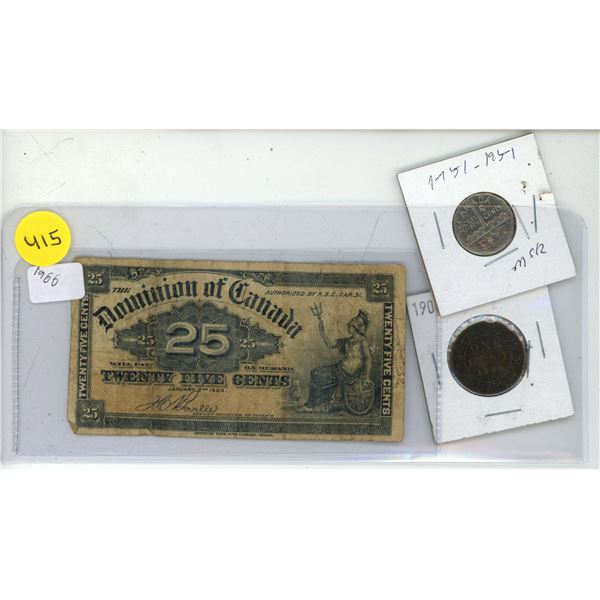 1900 Canadian Shinplaster with 1900 Canadian Large One Cent and 1951 Canadian 5 Cents.