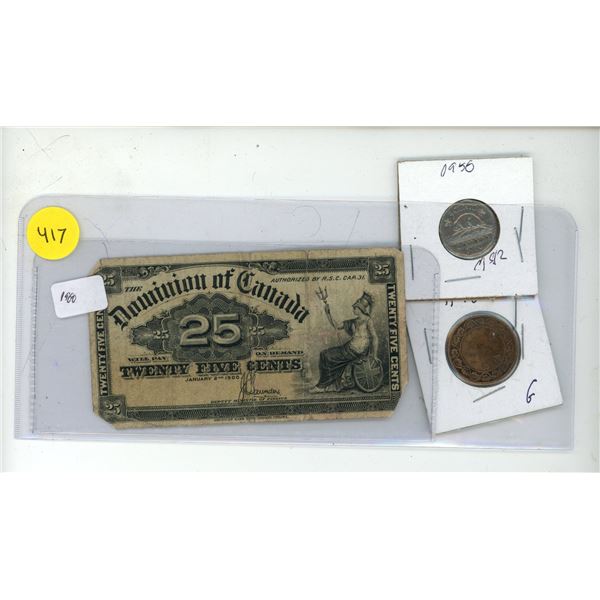 1900 Canadian Shinplaster, 1900 Canadian Large Cent and 1950 Canadian 5 Cents Coin