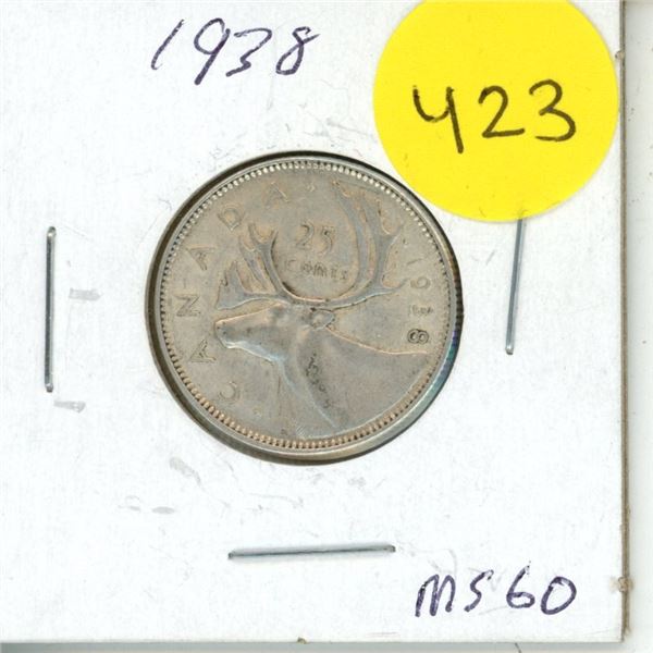1938 Canadian 25 Cents Coin.