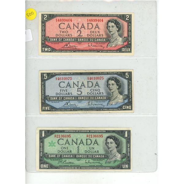 1954 Canadian Two, Five Dollar and 1967 Canadian One Dollar.