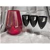 Image 1 : Red Vase and (3) Black Clear Stem Wine Glasses