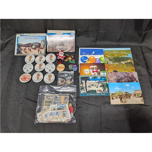 Collection of Vintage Post Cards (USED), Stamps, and pins