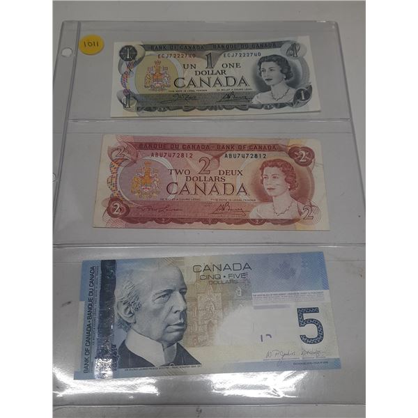 1973 One, 1974 Two, 2006 Five Canadian Dollar.