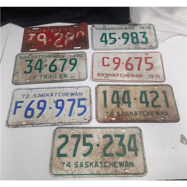 (7) Saskatchewan Licence Plates. (1941, (2) 1970, 1971, 1972, (2) 1974.)