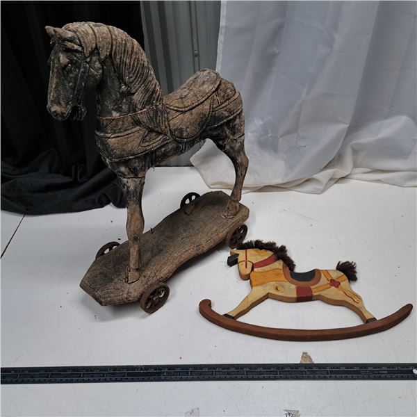 22" Antique wooden horse cart (2 legs missing), and horse toy
