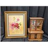 Image 1 : Small Jewelry Dresser And mirror inside 17"x10"/"Roses" No.8 Painting and frame 21"x16"