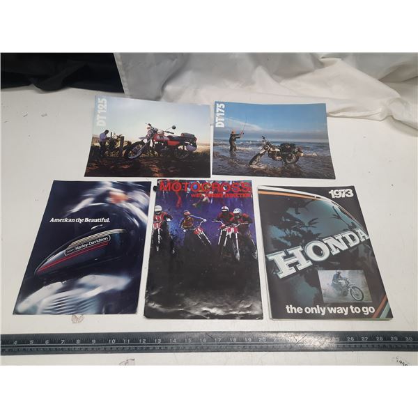 5 Different Motorcycle Sales Brochures - Honda, Harley Davidson, Yamaha