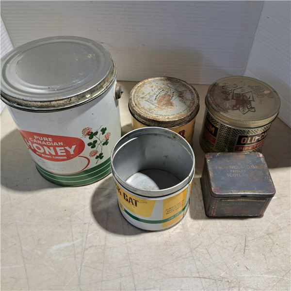 5 various tins, tobacco , honey