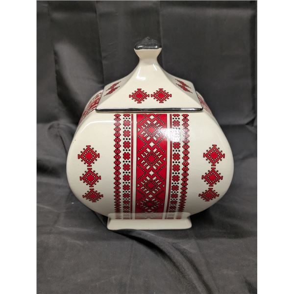 Ukrainian Arts Ceramic Red Cross Stitch Embroidery Lidded Jar