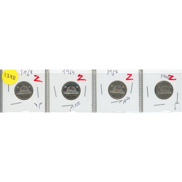 1940, 1963, 1964, 1968 Canadian 5 Cents Coins.