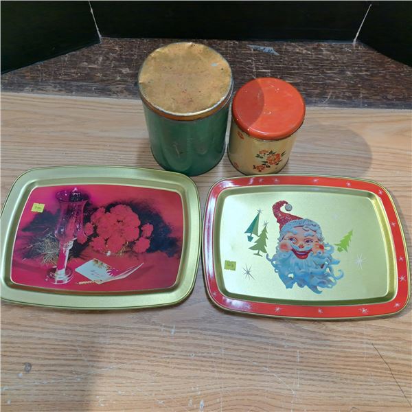 2 christmas trrays and 2 tins