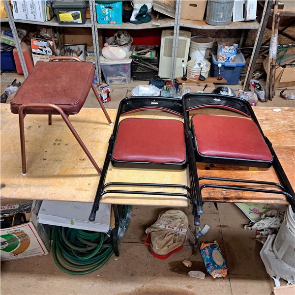 2 folding chairs and small stool- size of chairs are 39"H by 20"W and stool is 17" tH