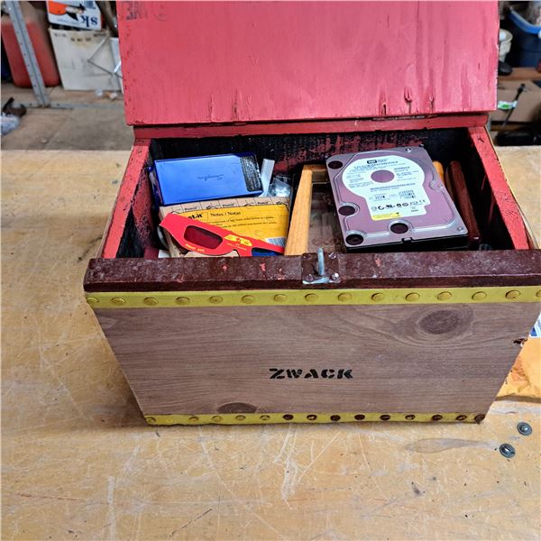 Custom wooden box with misc items- size 9"H by 14"L by 9"W