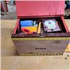 Image 1 : Custom wooden box with misc items- size 9"H by 14"L by 9"W