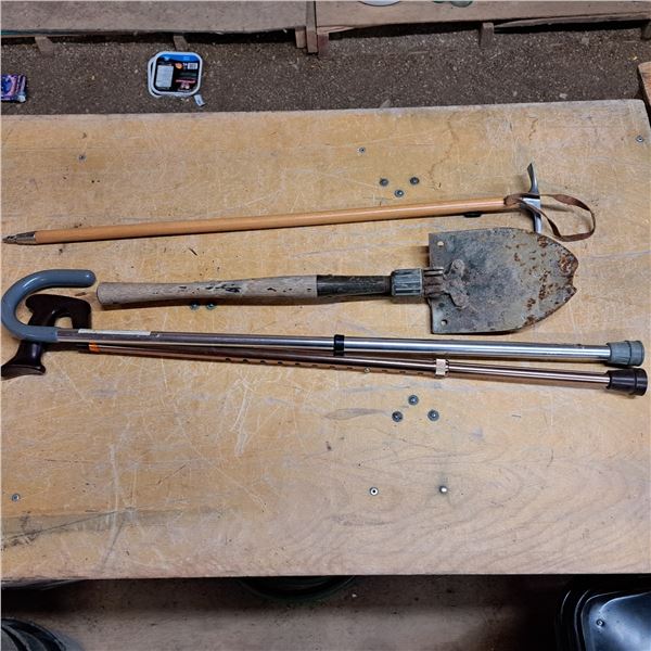 Millitary shovel, canes and ice pick
