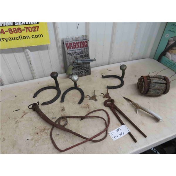 Horse Shoe, Hooks, Trespassing Sign, Bull 