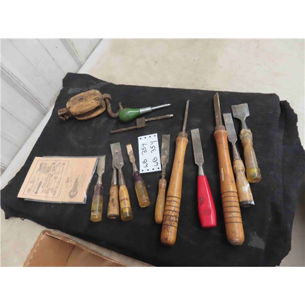Vintage Pulley & 10 Wood Chisels & Tools 