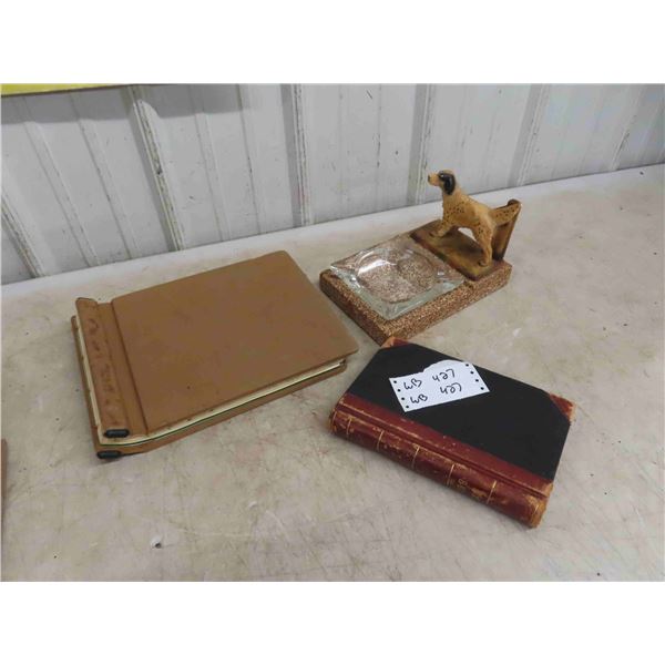 2 Old Bank Journals with Art Deco Dog Glass Ashtray 