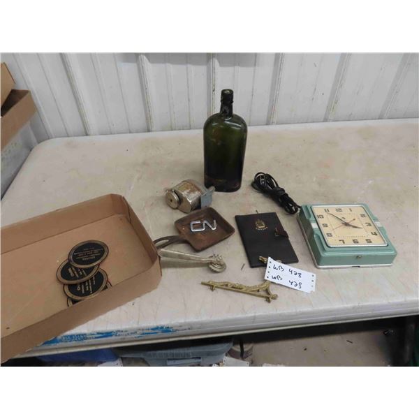 Vintage Clock, Passport Case, Old Bottle, Pencil 