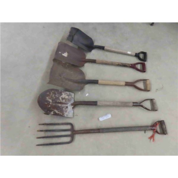 3 yard tools; scoop shovels, spade and potato forks. 