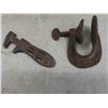 Image 4 : vintage tools, two blade draw knife, sickle, clamp press