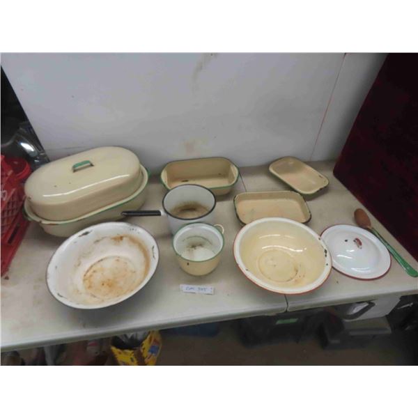 enamelware: roaster with lid, basins, pots and more 