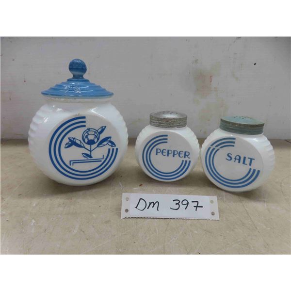 vintage  milk glasses salt and pepper shakers, and grease jar 