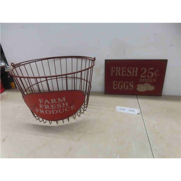 metal egg basket andd metal sign, 12x8