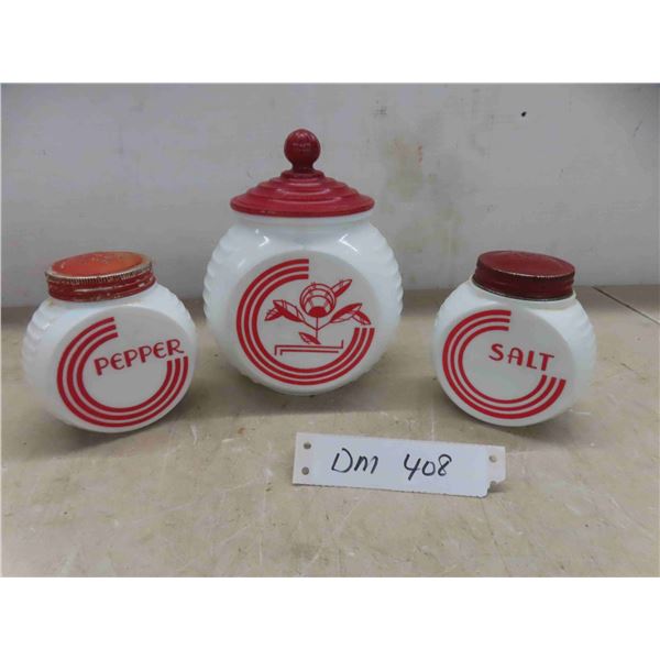 vintage milk glasss salt and pepper shakers and grease jar 