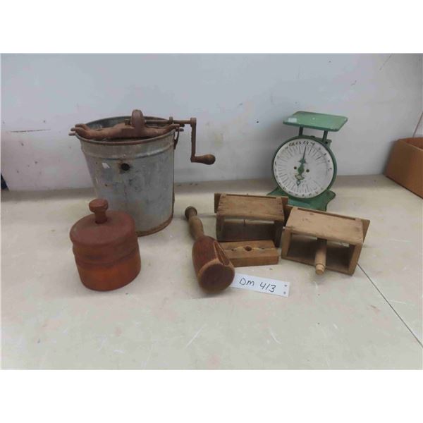 vintage ice cream maker, butter press, butter mold