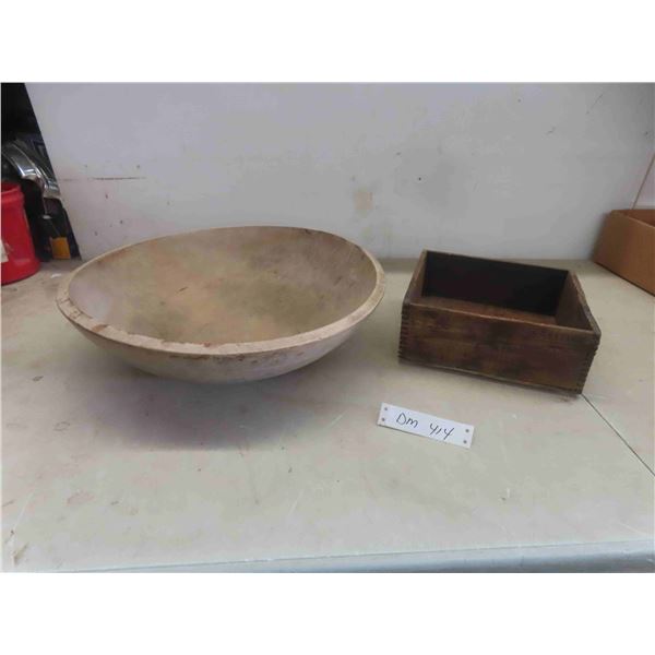 16" wooden bowl, wooden box 9x9x4" 
