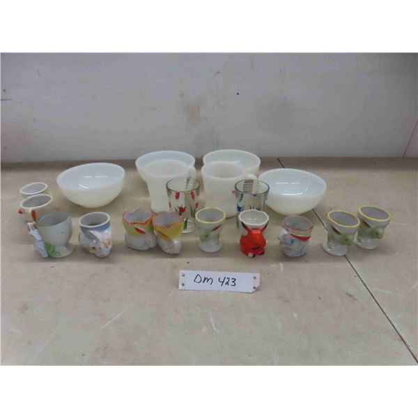 fireking cofee mugs (2), 4 oven proof bowls, 