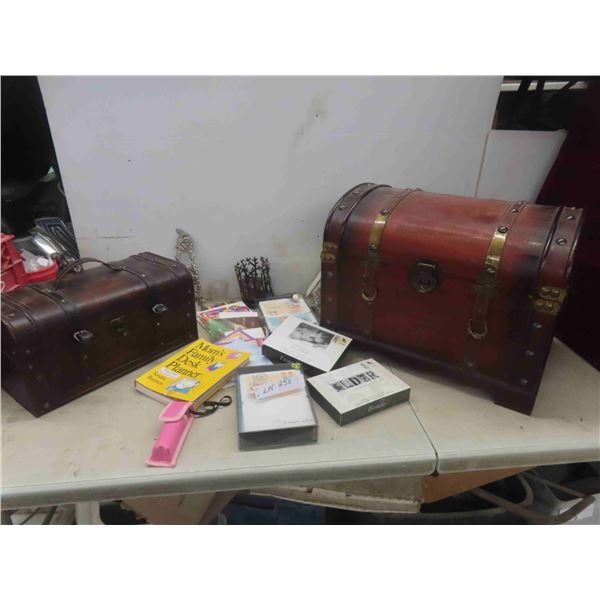 2 wooden treasure boxes largest 19x15x15" greeting cards,