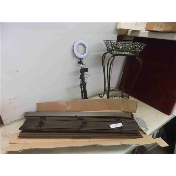 wrought iron plant stand 25"H, 36"W, 64". Faux wood 2" blind,