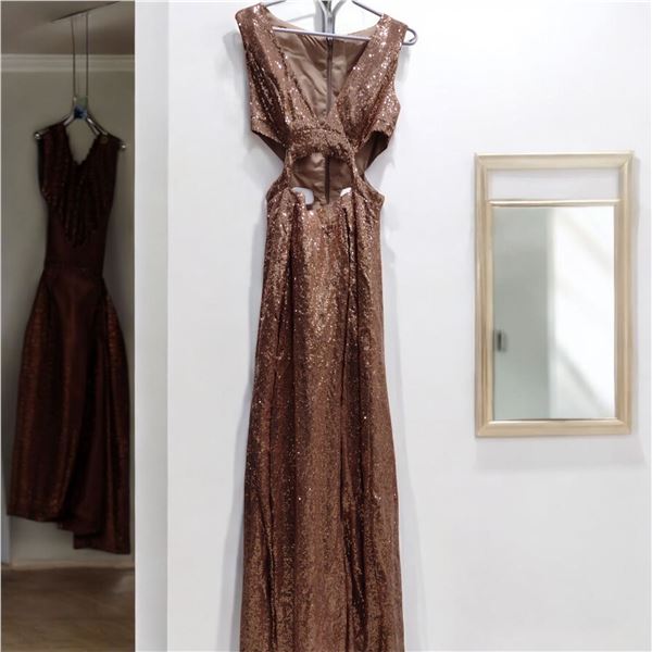 Long Brown Glittery Double Slit Party dress with waist cuts