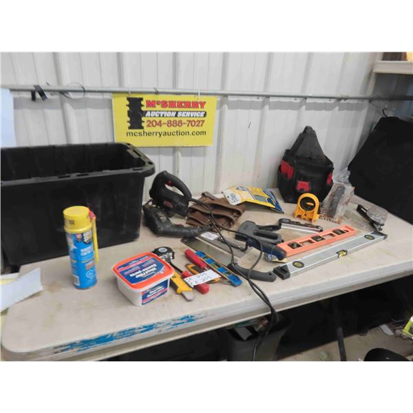 Carpentry Items: Power Drill, Jig Saw, Levels, Tool Pouch,