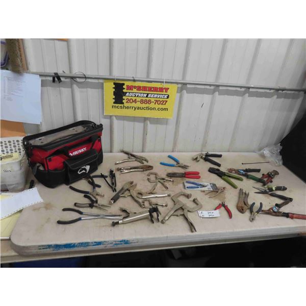 Husky Tool Bag , Vice Grips, Snap Ring Pliers, Crimper,