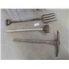 Image 1 : Yard tools: A Pick Axe, Potato fork, Mallet 