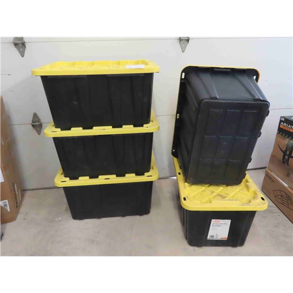 5 Totes with Lids 102L , Damage on 1 Tote (Pictured). 