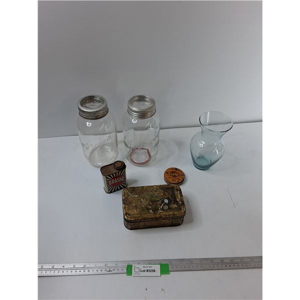 (2) Vintage Jars (3) Metal Tins and Glass vase